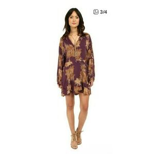Free People Shake It Purple Gold Floral Mini Dress Boho Tunic Oversized Festival